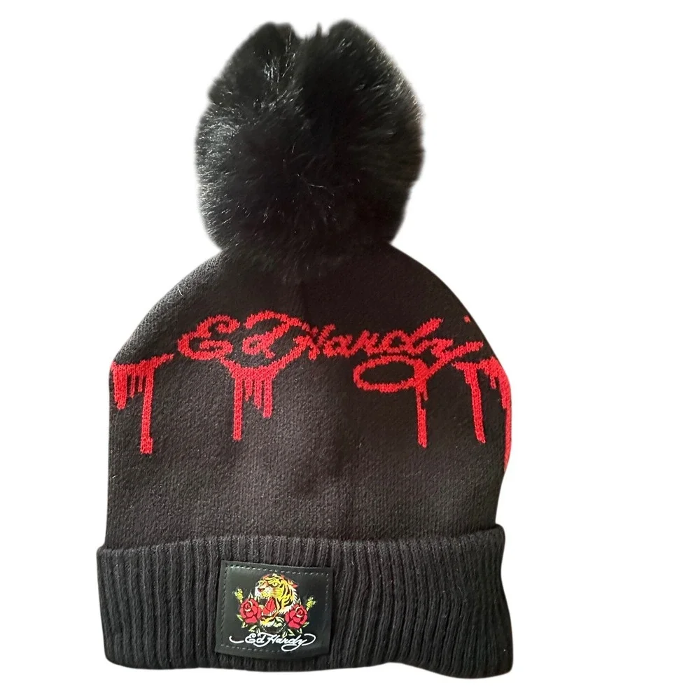 Ed Hardy Black Knit Pom Beanie Hat Red Drip Logo Tiger Rose Patch NWOT